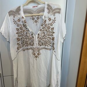 Johnny Was Cream and Brown Floral Embroidered Blouse